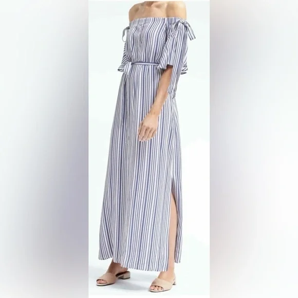 off shoulder dress banana republic Banana Republic Off-Shoulder Flounce Poplin Dress,White SIZE MT M T #302331 T122